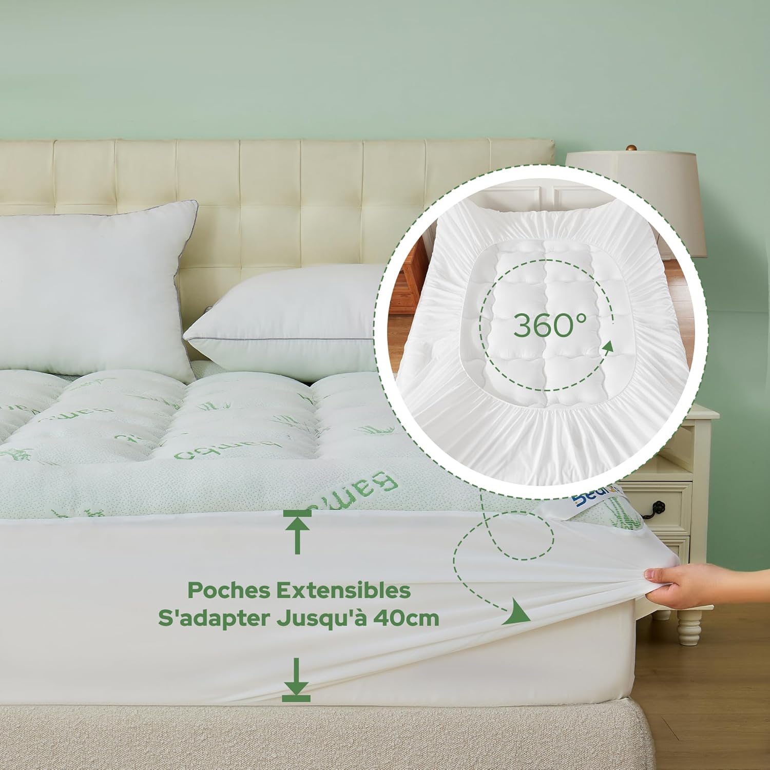 BEDLORE - Surmatelas matelassé série Bambou - 160x200 cm - respirant, bonnet 40 cm, Oeko-Tex