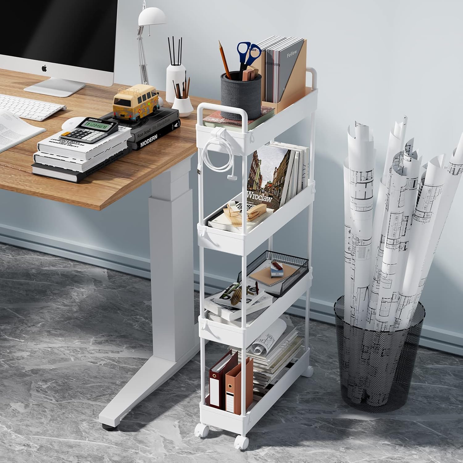 SOLEJAZZ - Chariot rangement 4 étagères plastique blanc compact - SOLEJAZZ