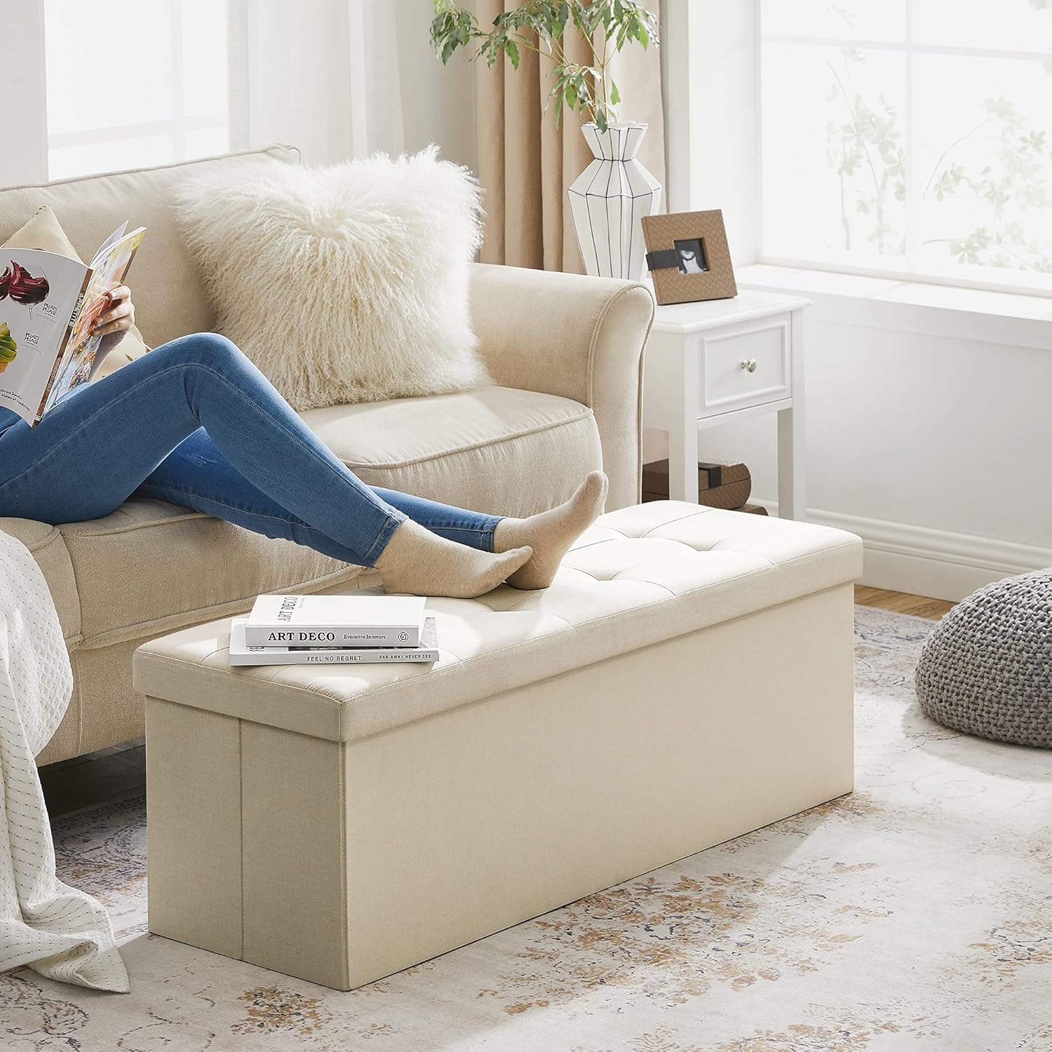 SONGMICS - banc de rangement pliable, 110x38x38 cm, 300 kg, blanc crème LSF77BE