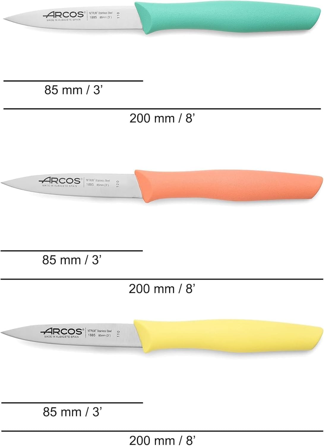 Arcos - Nova série - 3 couteaux, inox, ergonomiques, couleurs vives