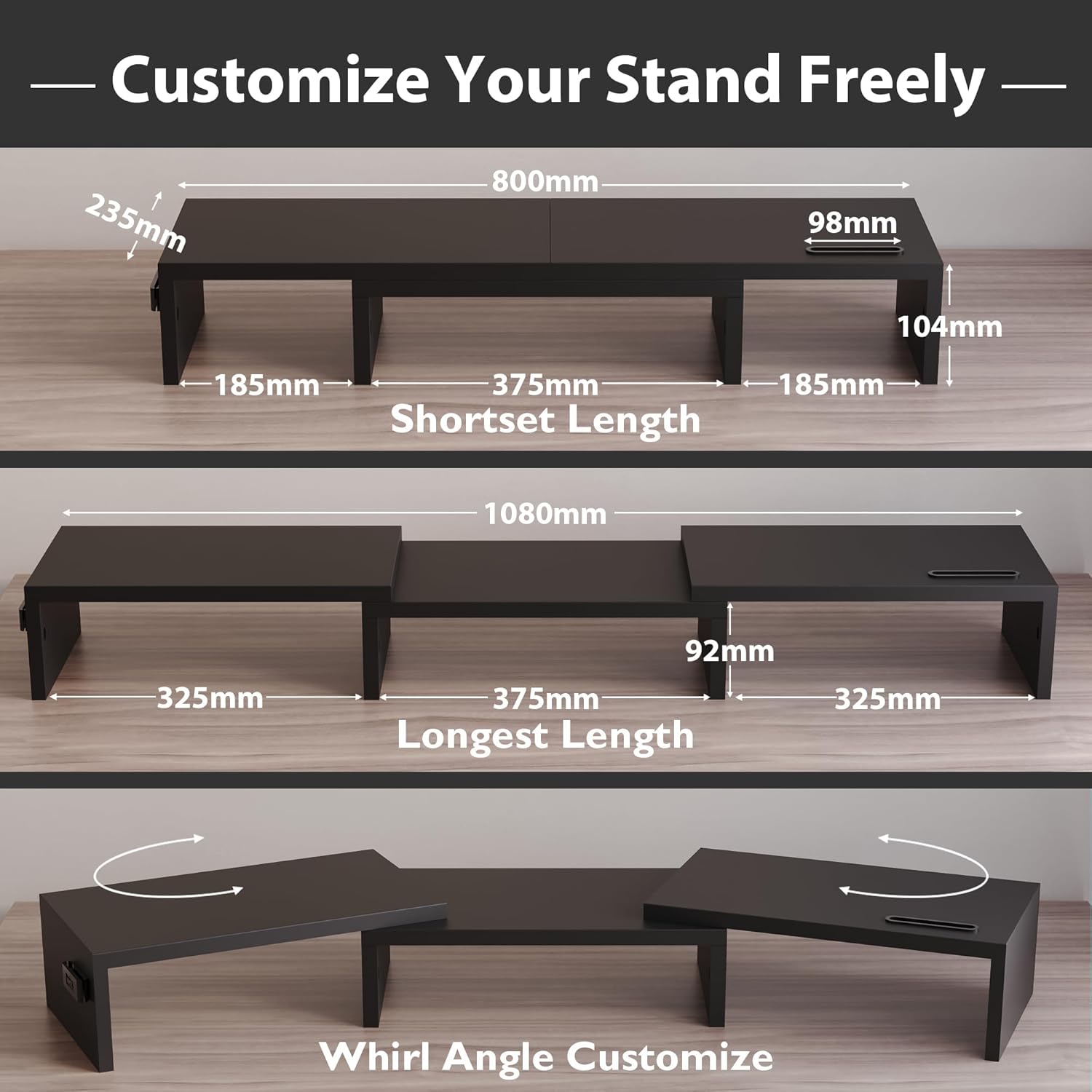 BONTEC - Support Moniteur Double - réglable bois noir - longueur et angle ajustables