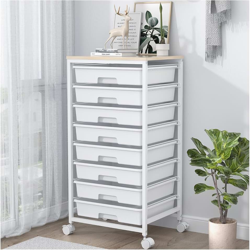 Chariot de salle de bain - 8 tiroirs, roulettes, grand plateau bois, blanc