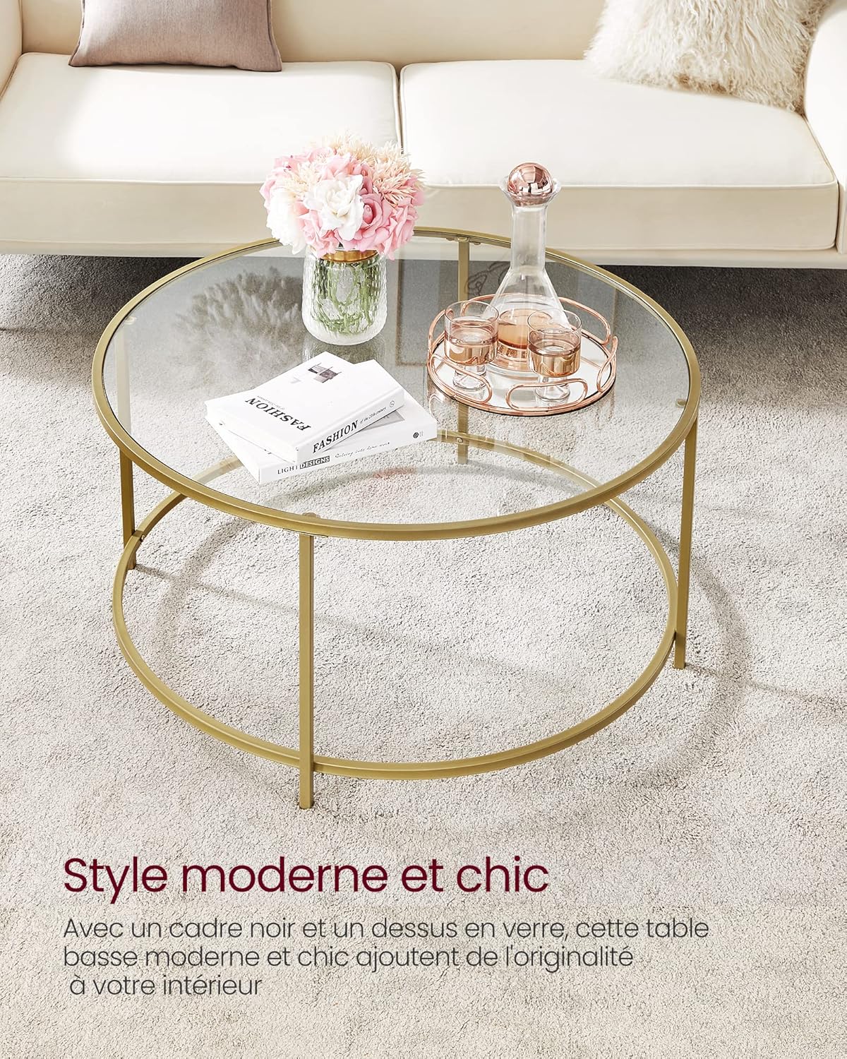 VASAGLE - Table basse ronde dorée verre, cadre AER, 55x55x45 cm, LGT21G