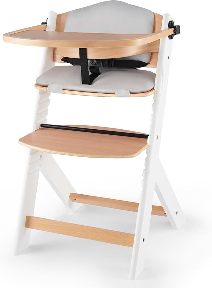 Kinderkraft - ENOCK - chaise haute évolutive, bois hêtre, harnais 3 pts, 35 kg, plateau amovible, blanc