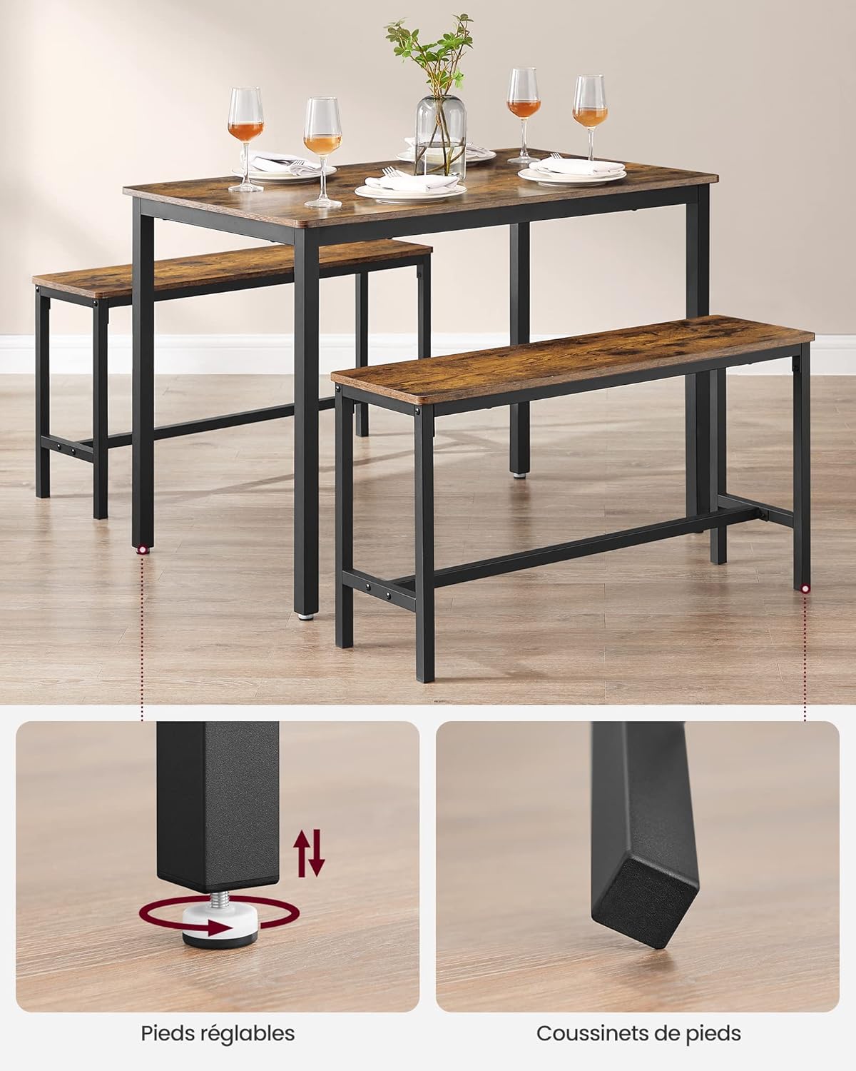 VASAGLE - table à manger 3 pièces - 110x70x75 cm - acier et bois - KDT070B01