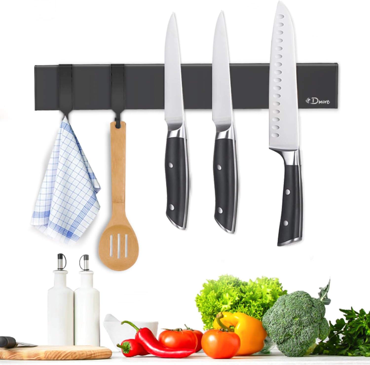Dmore - Barre magnétique cuisine - 25cm - Puissante, adhésif, vis, 2 crochets