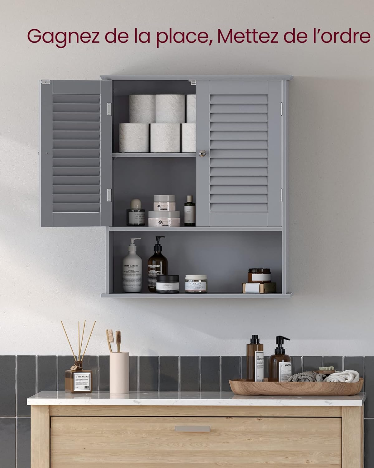 VASAGLE - Meuble mural salle de bain, double porte, 20x60x70cm, BBC027P36