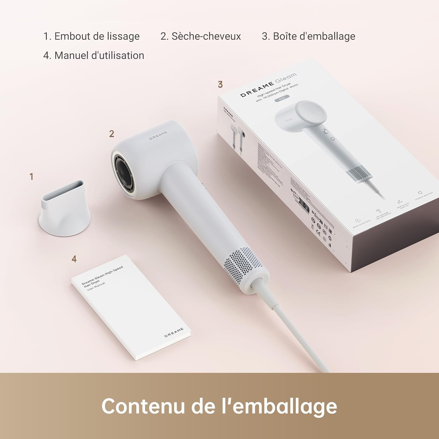 Dreame - Hair Gleam - 330g - moteur 110000 t/m, 65 m/s, ions négatifs