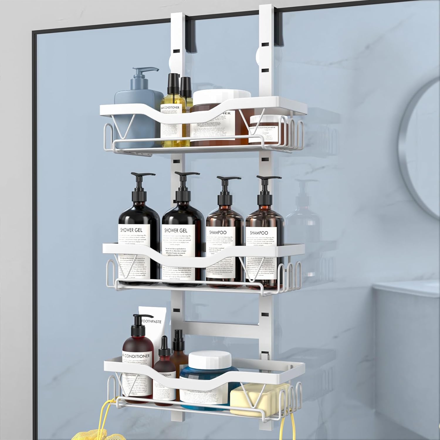 Étagère douche - 3 paniers réglables, sans perçage, blanc, 3 couches
