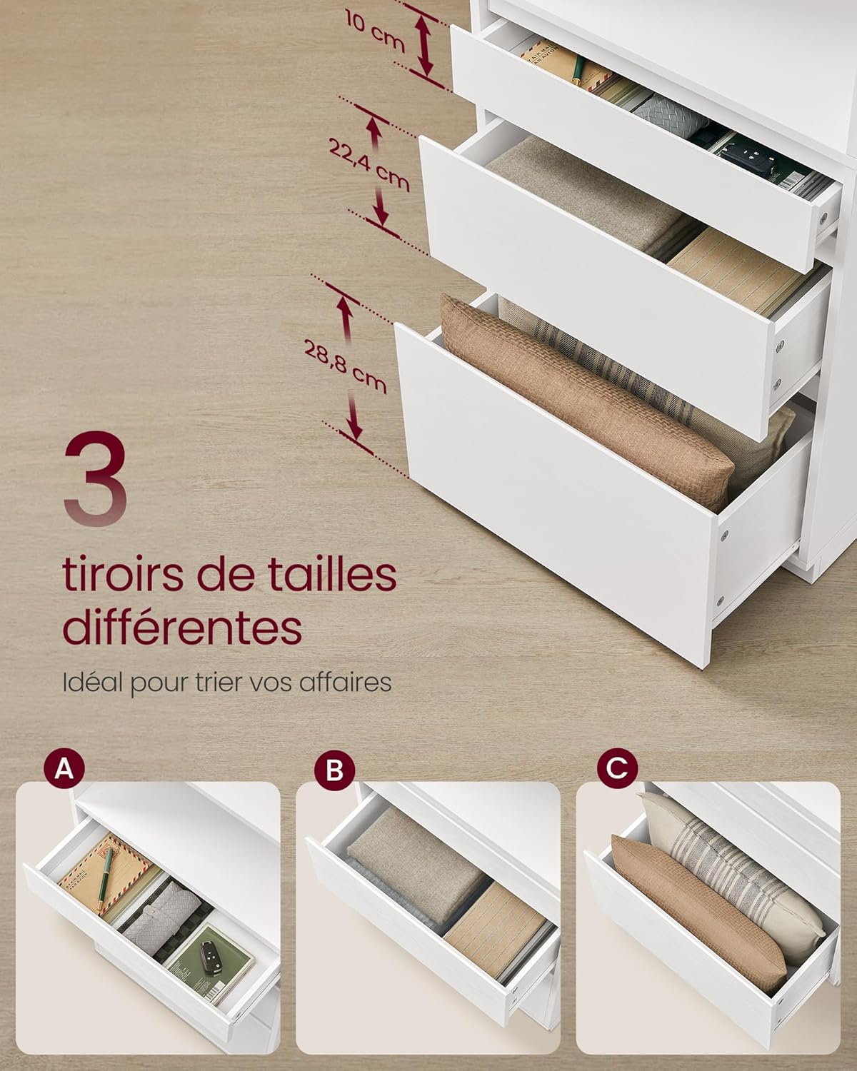 VASAGLE - Kailyn Collection bibliothèque, 180 cm, 3 tiroirs, étagères réglables, blanc, LBC188W01
