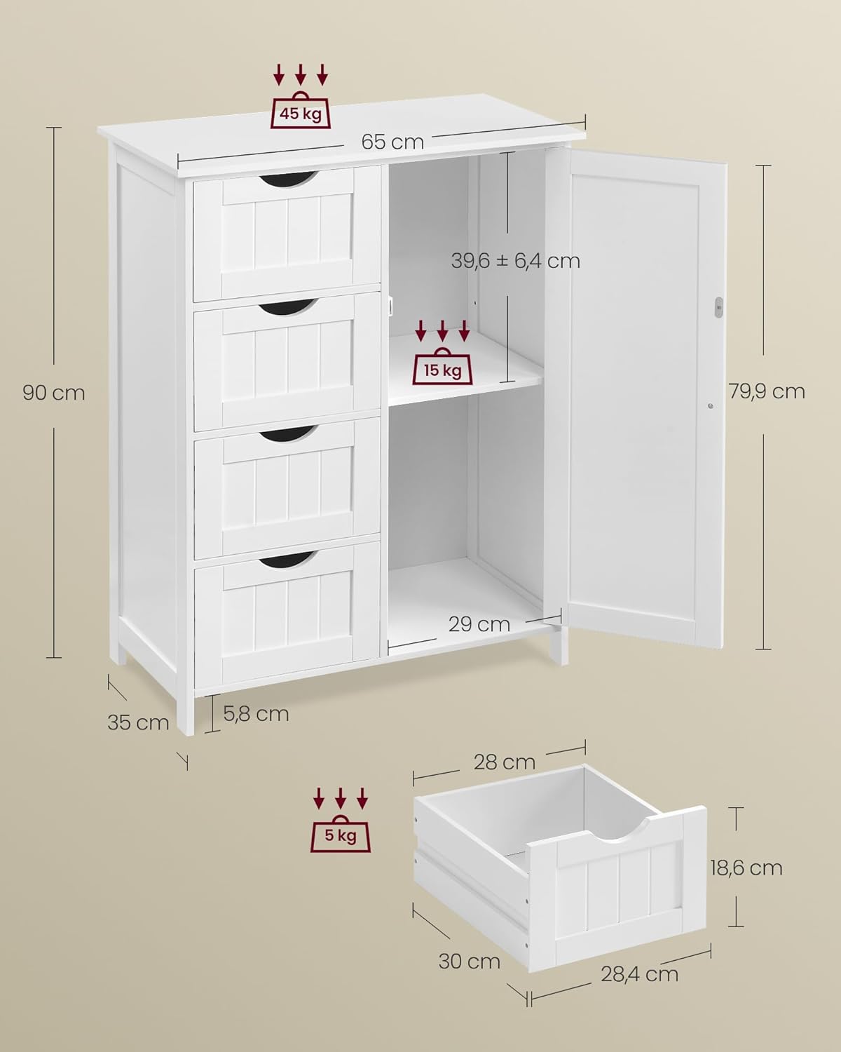 VASAGLE - meuble salle de bain rangement, 35x65x90cm, 4 tiroirs, étagère réglable LHC042W01