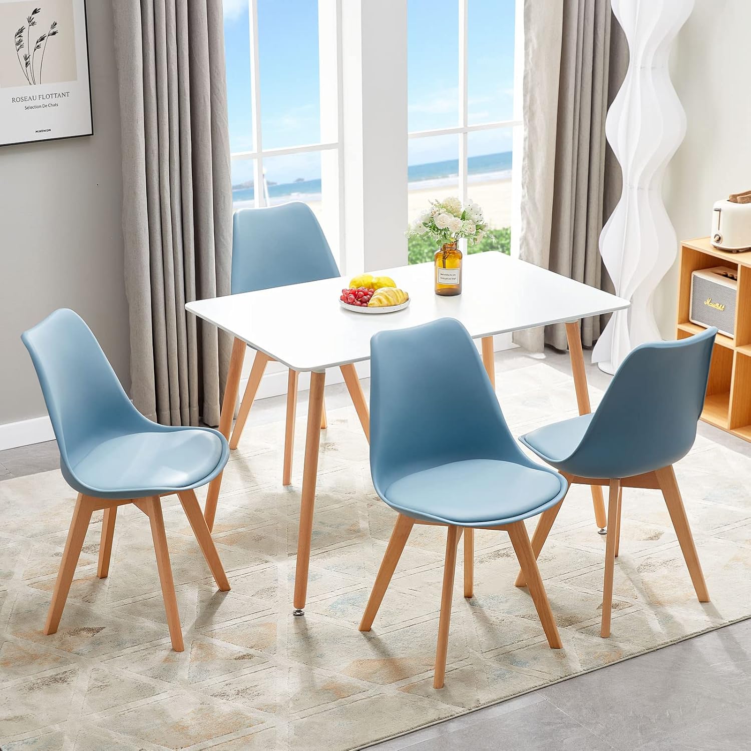 EGGREE - chaises salle à manger lot de 8 - bois hêtre - rembourrées bleues