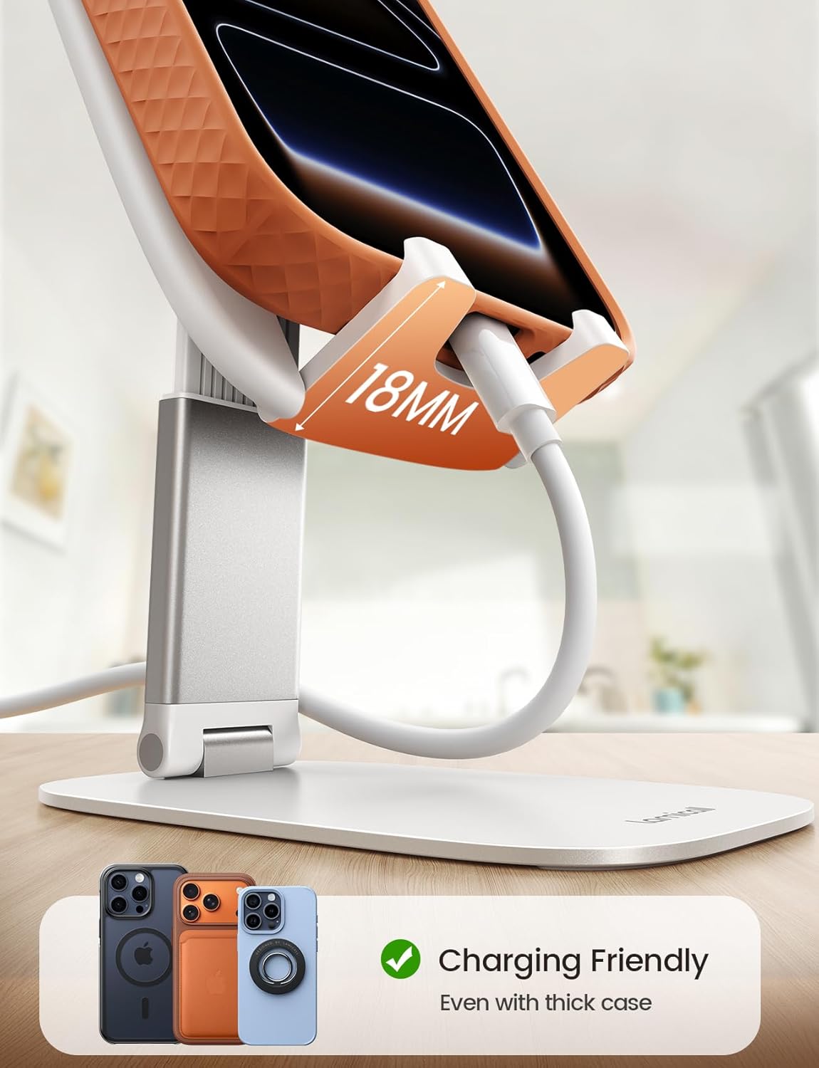 Lamicall - Support Téléphone Bureau - 15mm - Pliable, ajustable, base métal