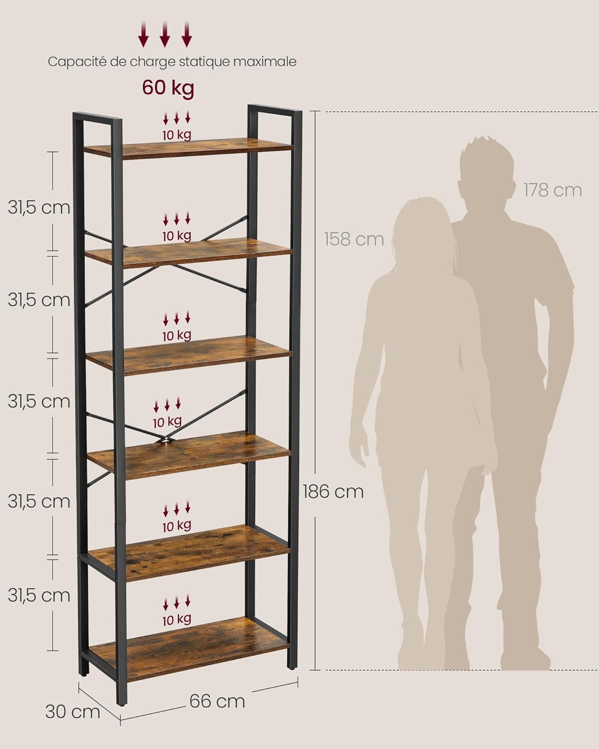 VASAGLE - étagère 6 niveaux - 30x66x186 cm - style industriel, LLS062B01