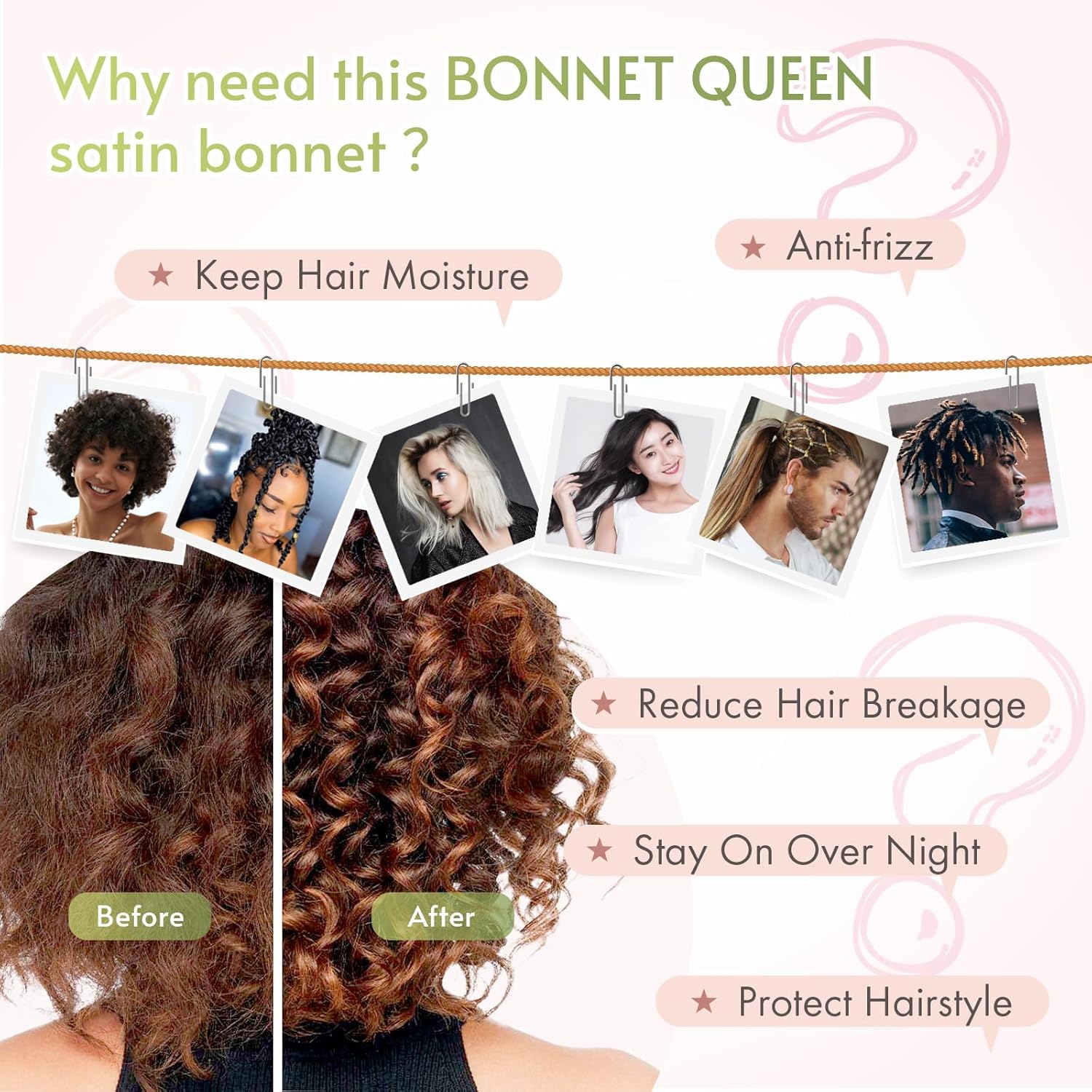 BONNET QUEEN - bonnet satin moyen - ajustable, long élastique, rose