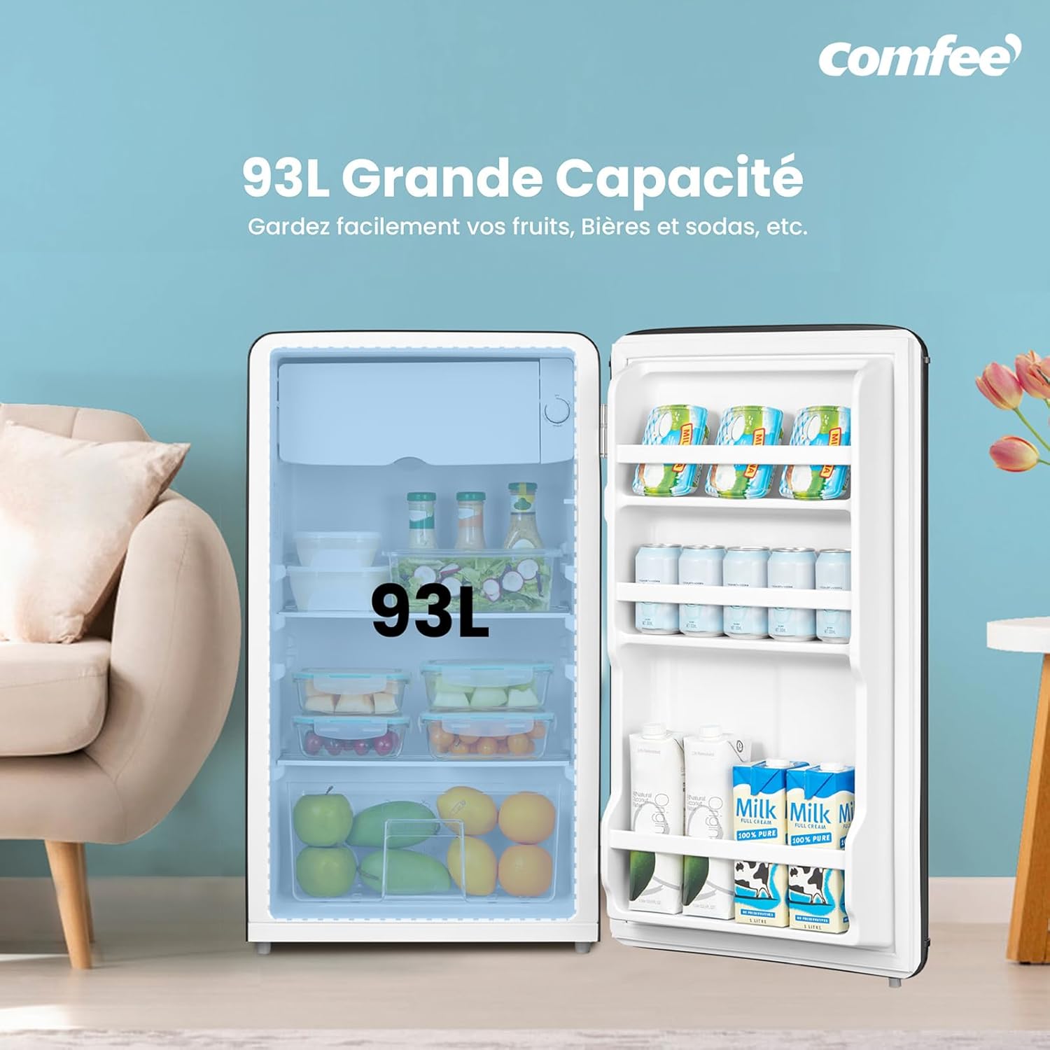 Comfee' - réfrigérateur rétro 93L - sous-plan, LED, thermostat - RCD93BL2EURT(E)