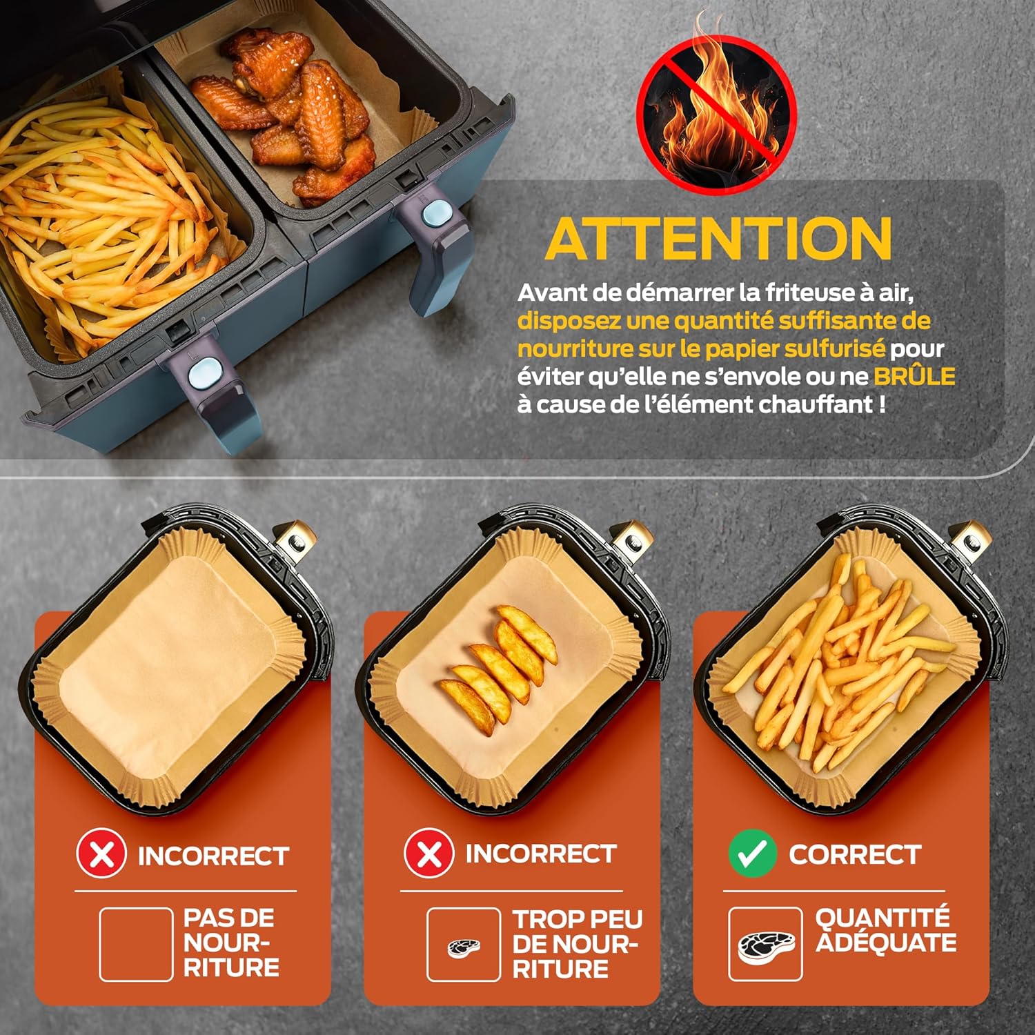 PORTENTUM - papier cuisson friteuse double - 22x14cm - 100 pièces, sans BPA, rectangulaire, compatible Ninja Foodi Dual 