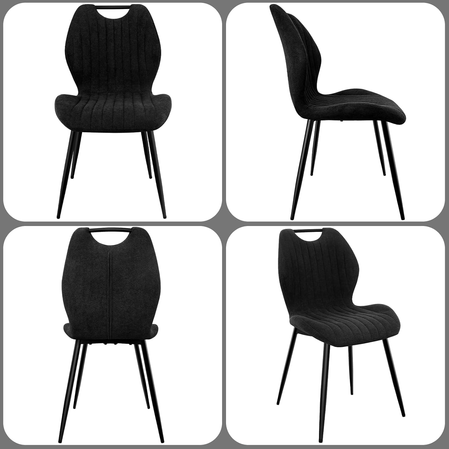 Chaise de salle à manger - tissu noir, pieds métal, lot de 2, dossier confortable