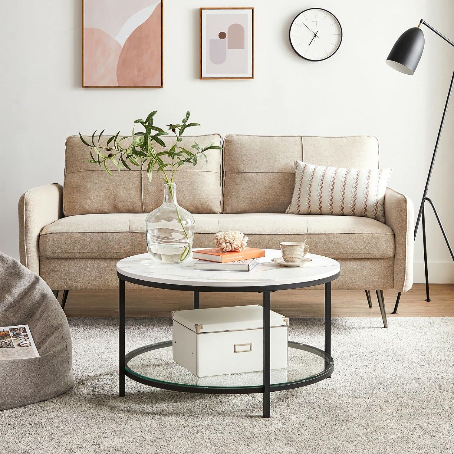 VASAGLE - table basse moderne, marbre blanc/verre trempé, LCT071B13
