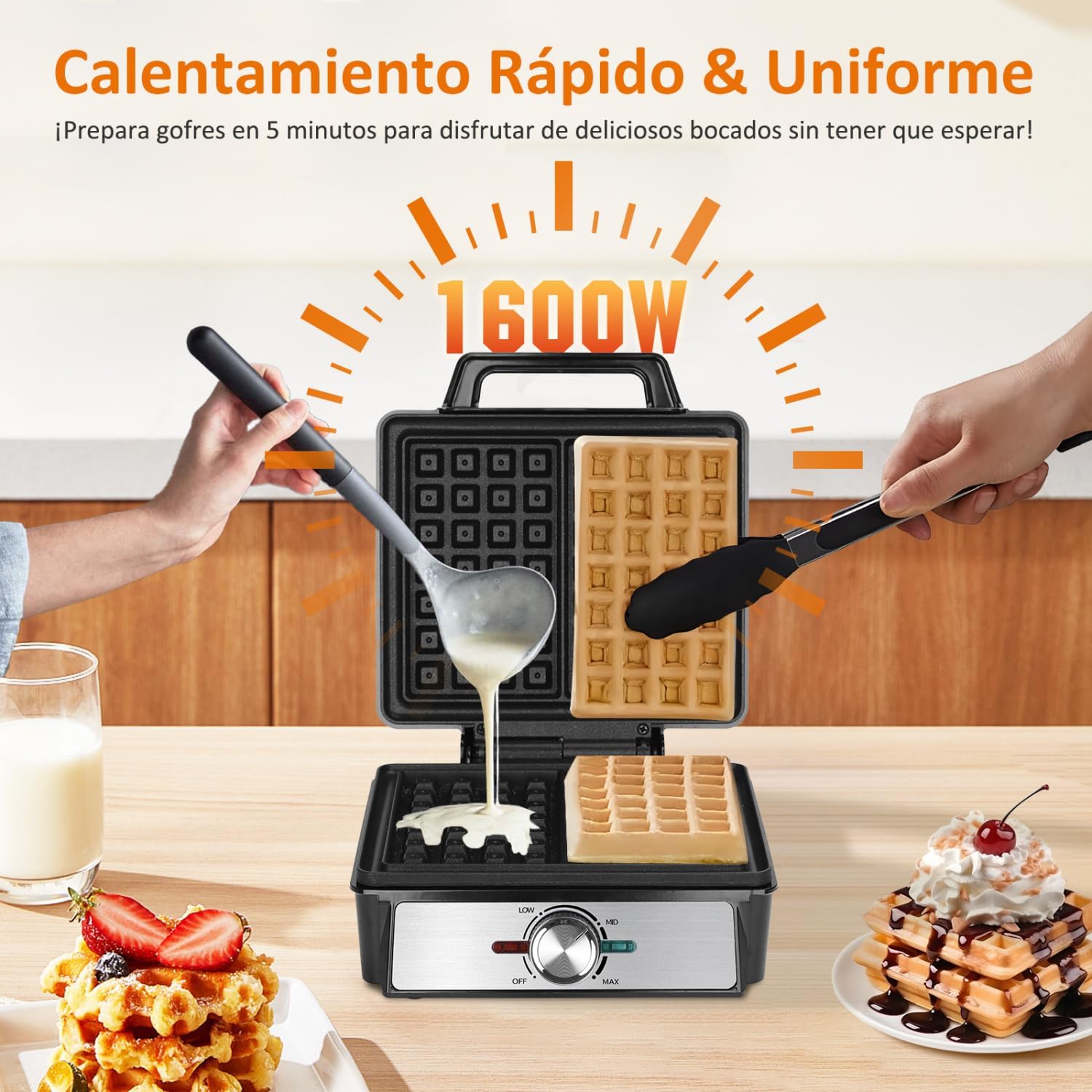 Aigostar - Gaufrier inox 1600W, 20,2x17,2x2 cm, plaques antiadhésives, température réglable