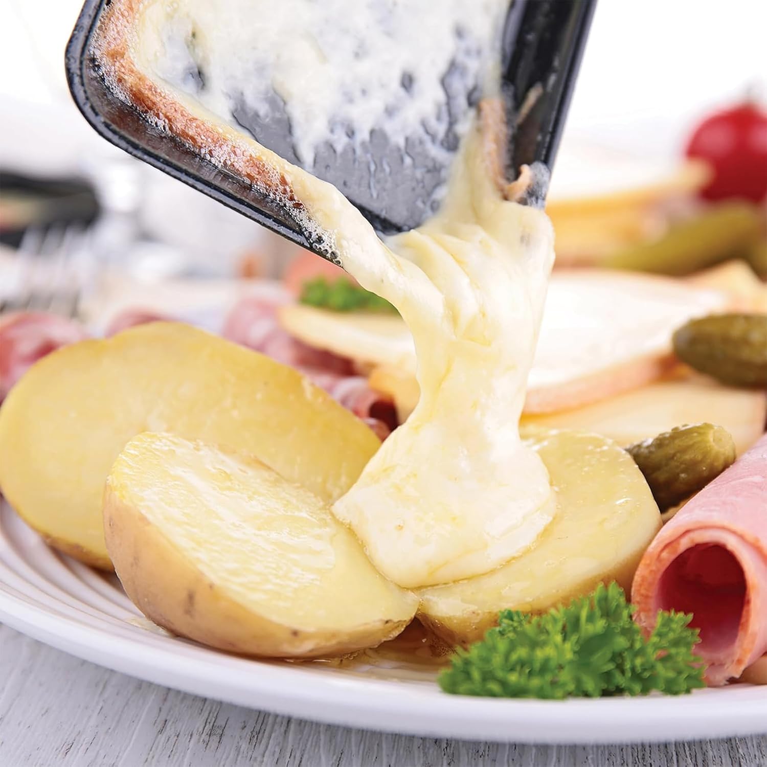 Poêlon raclette – set 4 pièces antiadhésif avec spatule – fromage fondu, œuf, triangulaire