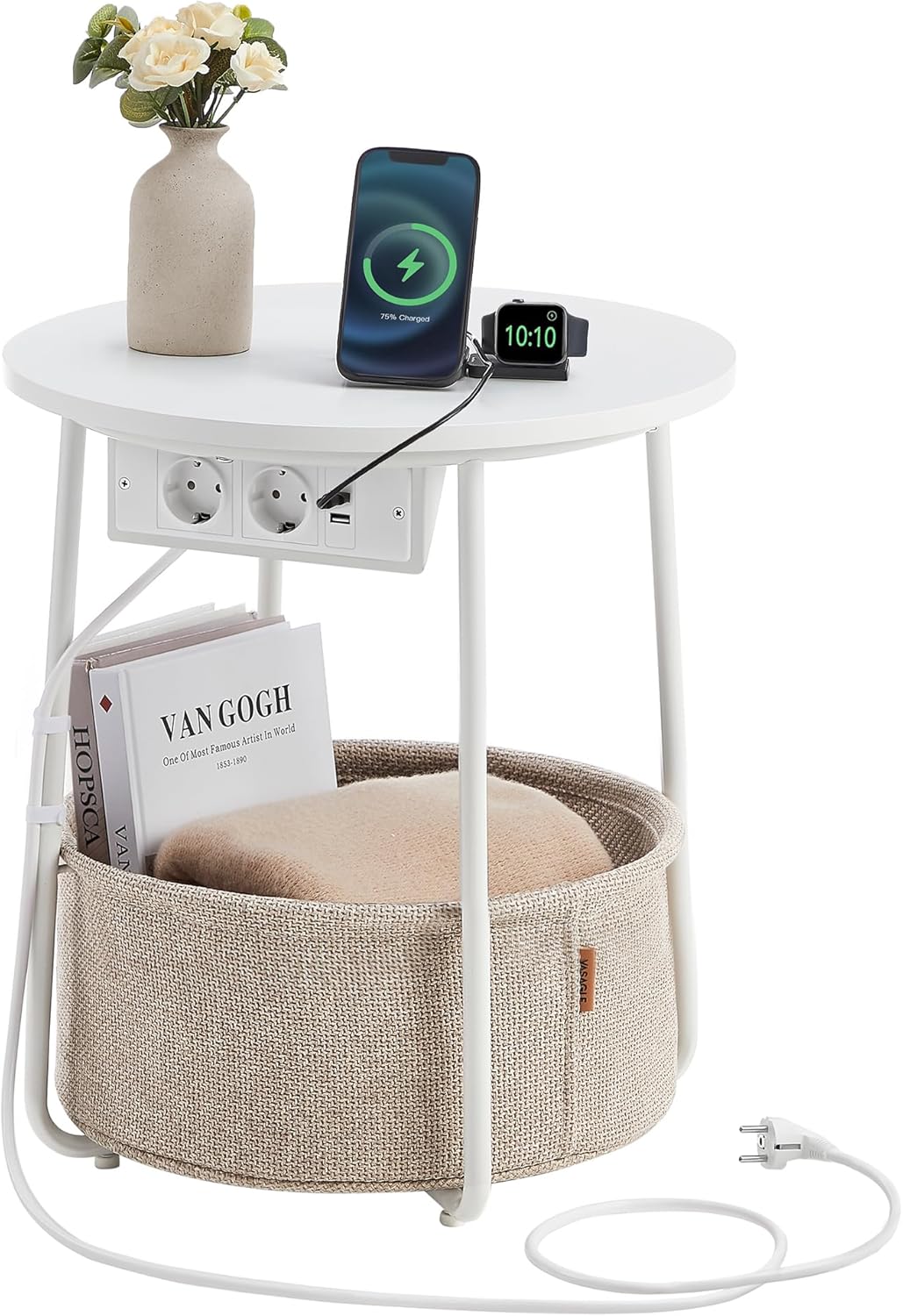 VASAGLE - Petite table basse ronde, panier tissu, multiprise, 40x40cm, style moderne, LET228W02