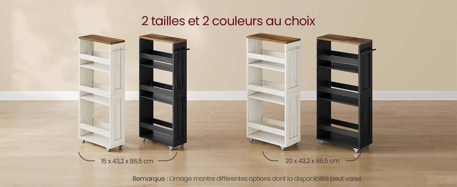 Slim en blanc et noir avec dessus en bois. Dispose de plusieurs niveaux et est disponible en deux tailles. Le texte indique deux tailles et deux choix de couleurs disponibles.