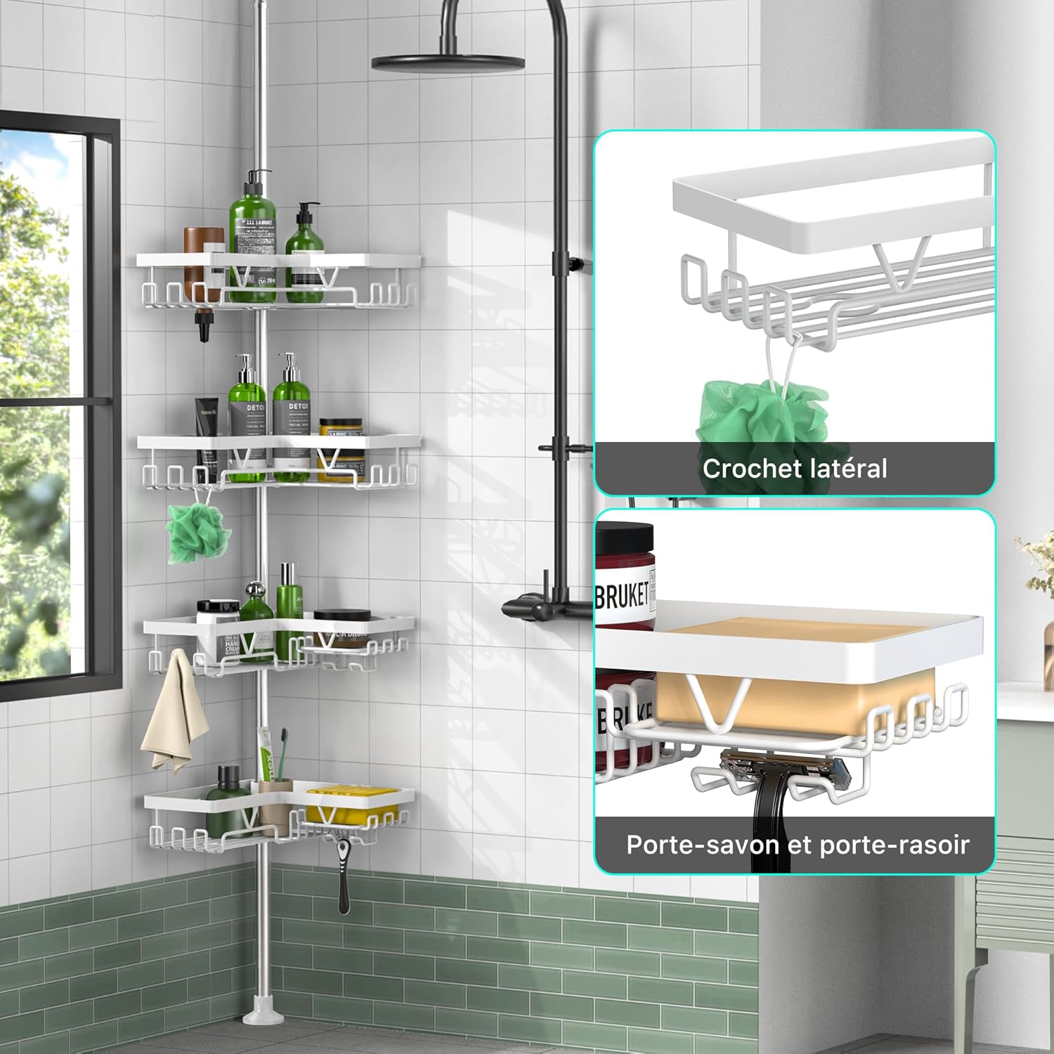 KEGII - étagère de douche 4 niveaux, largeur 63,5-290 cm, blanc brillant, télescopique, sans perçage, rangement avec pan