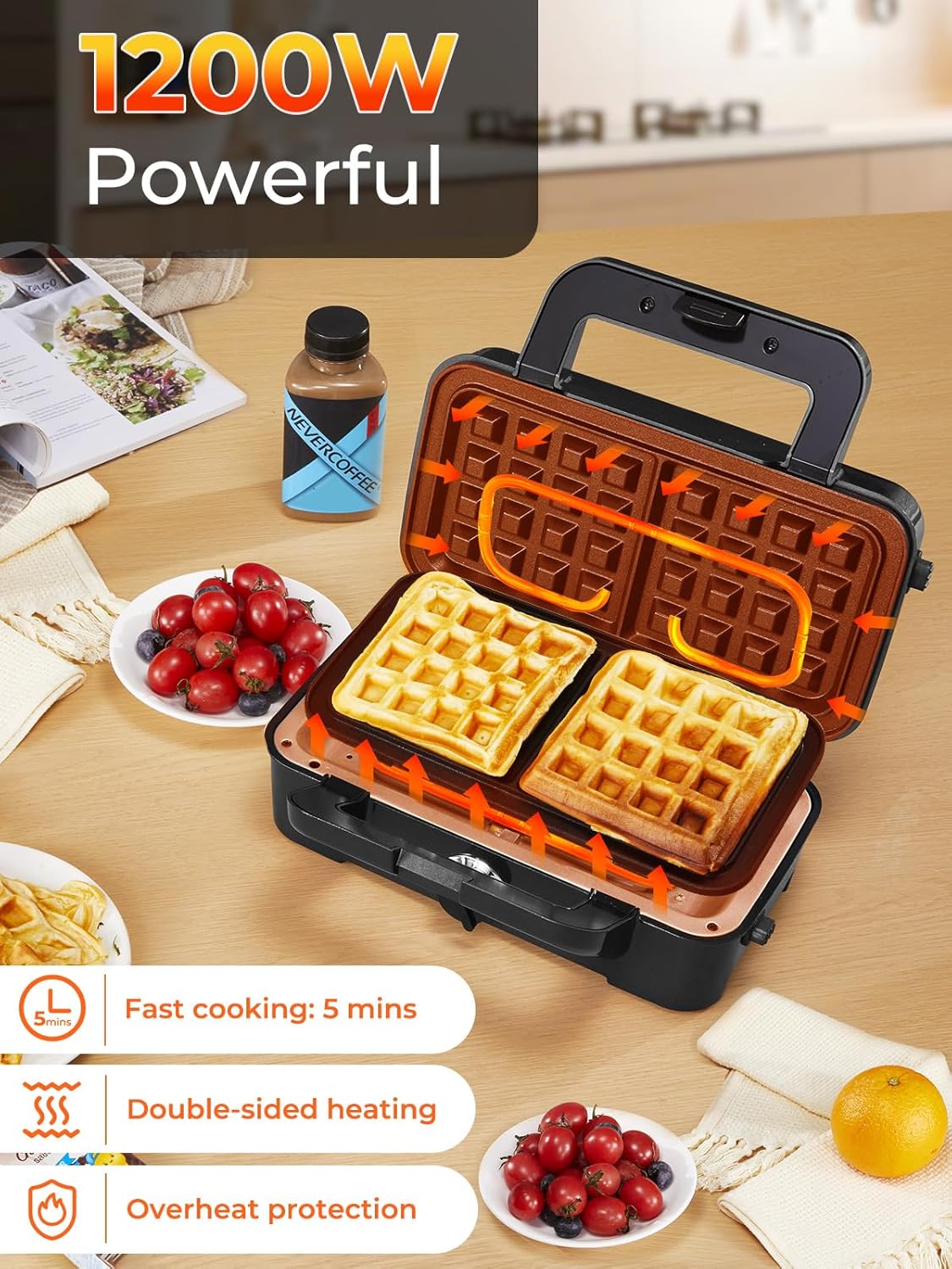 Croque Monsieur 3 en 1 – appareil multifonction 1200W, plaques amovibles, contrôle température 5 niveaux, rangement vert
