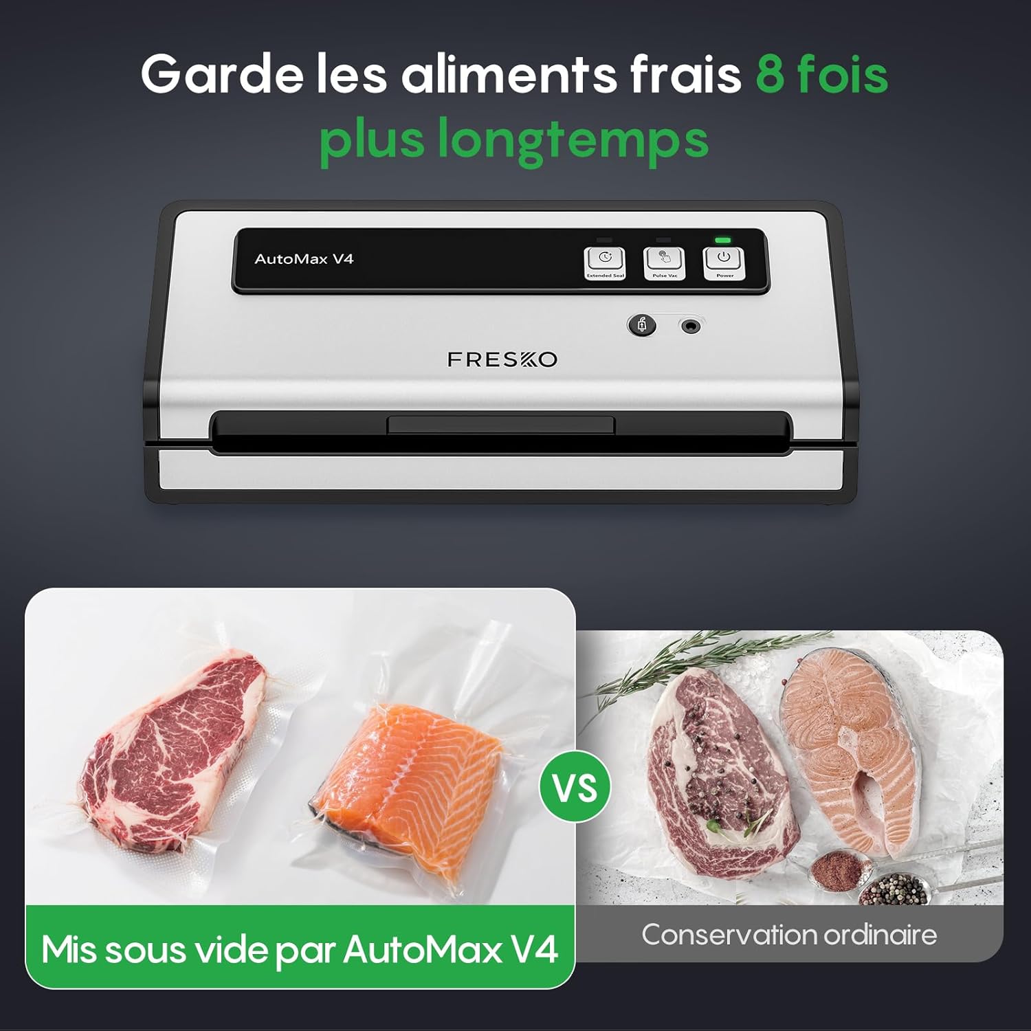 FRESKO - machine sous vide 140W, double scellage, sec/humide, 10 sacs, 4 kits bocaux