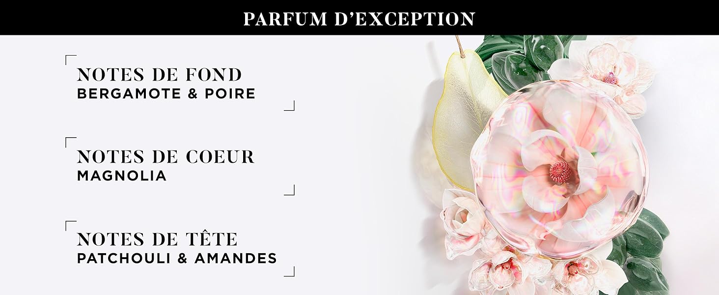 Le texte se lit comme suit : « PARFUM D'EXCEPTION », « NOTES DE FOND BERGAMOTE & POIRE », « NOTES DE CŒUR », « NOTES DE TÊTE PATCHOULI & AMANDES ». Description du produit parfumé avec des images florales roses.