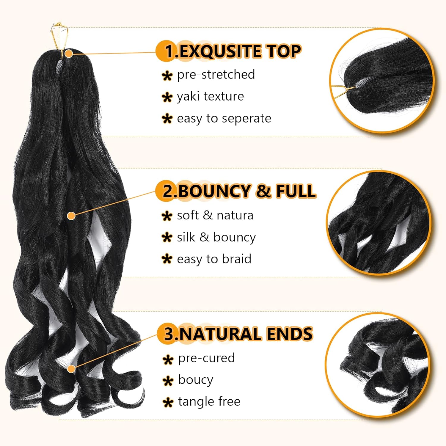French Curl Braids - 16 pouces - 8 packs, boucle, synthétiques