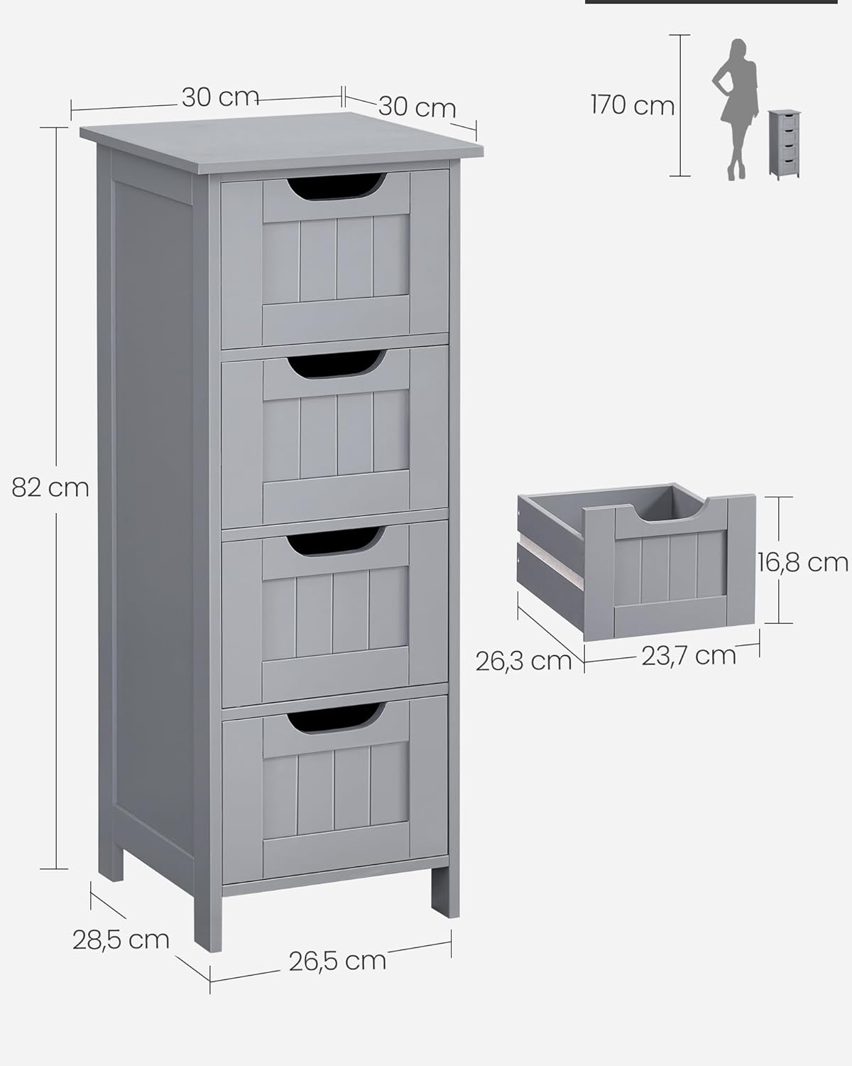 VASAGLE - armoire salle de bain, 4 tiroirs, 30x30x82 cm, gris moderne, LHC040P36