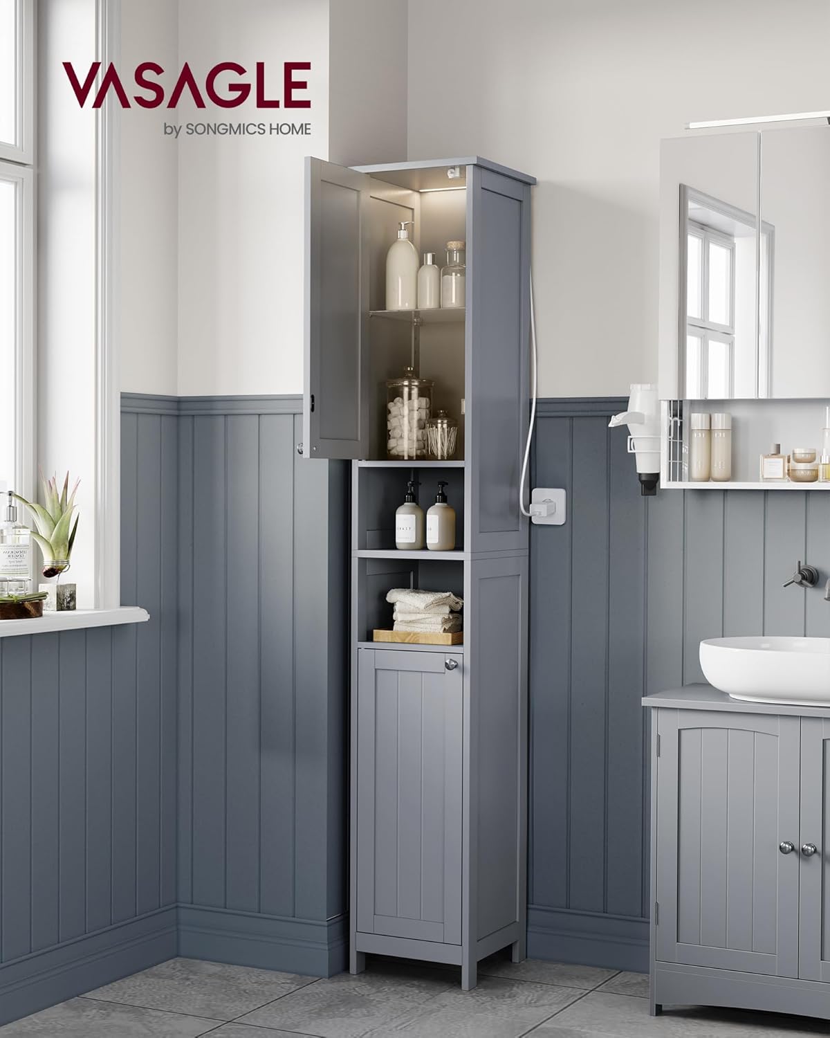 VASAGLE - Armoire haute salle de bain, étagères réglables, éclairage, BBC566G03