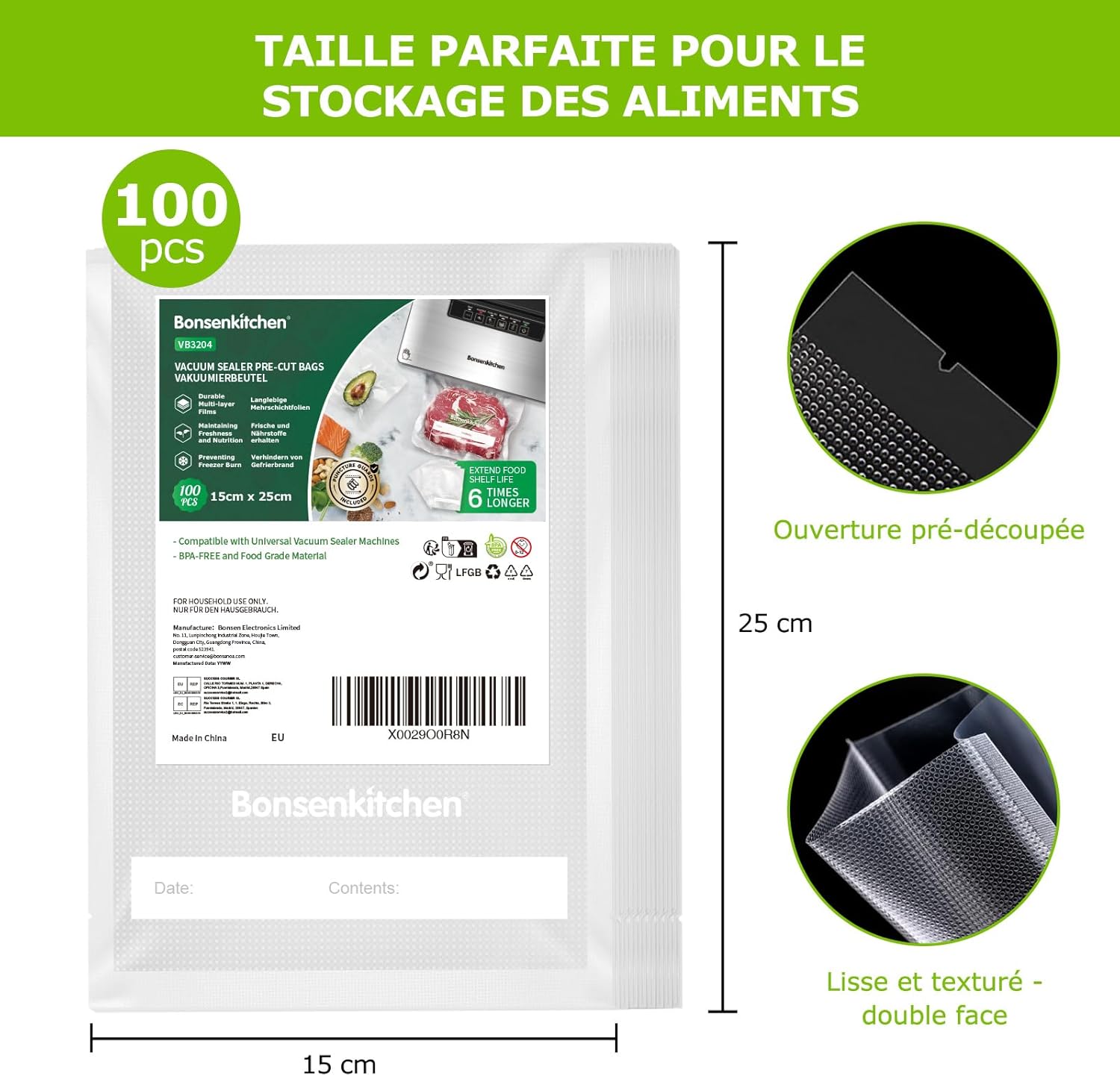 Bonsenkitchen - Sacs sous vide VB3204 - 15x25 cm - Lot 100, gaufrés, cuisson & conservation