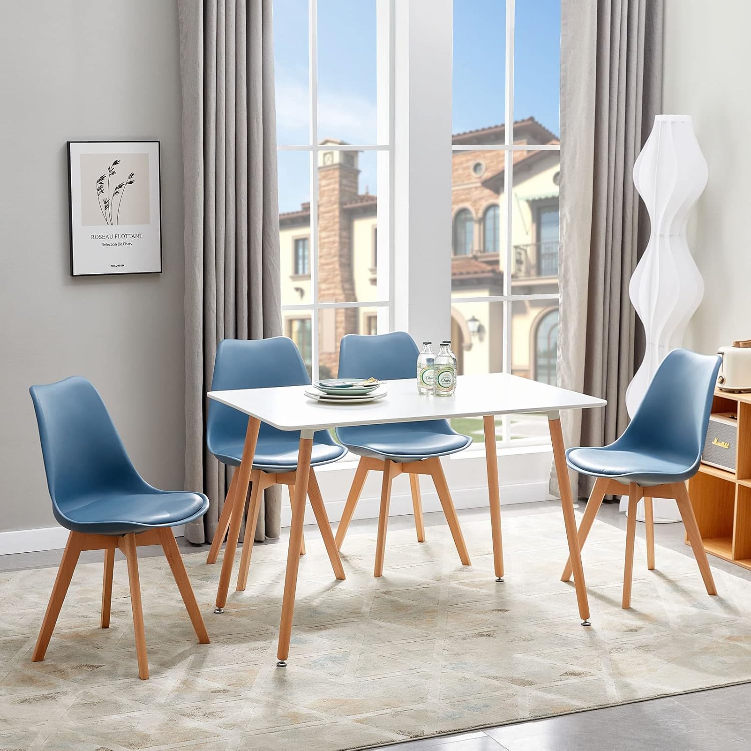 EGGREE - lot de 4 chaises scandinaves - bois hêtre, rembourrées, bleu foncé