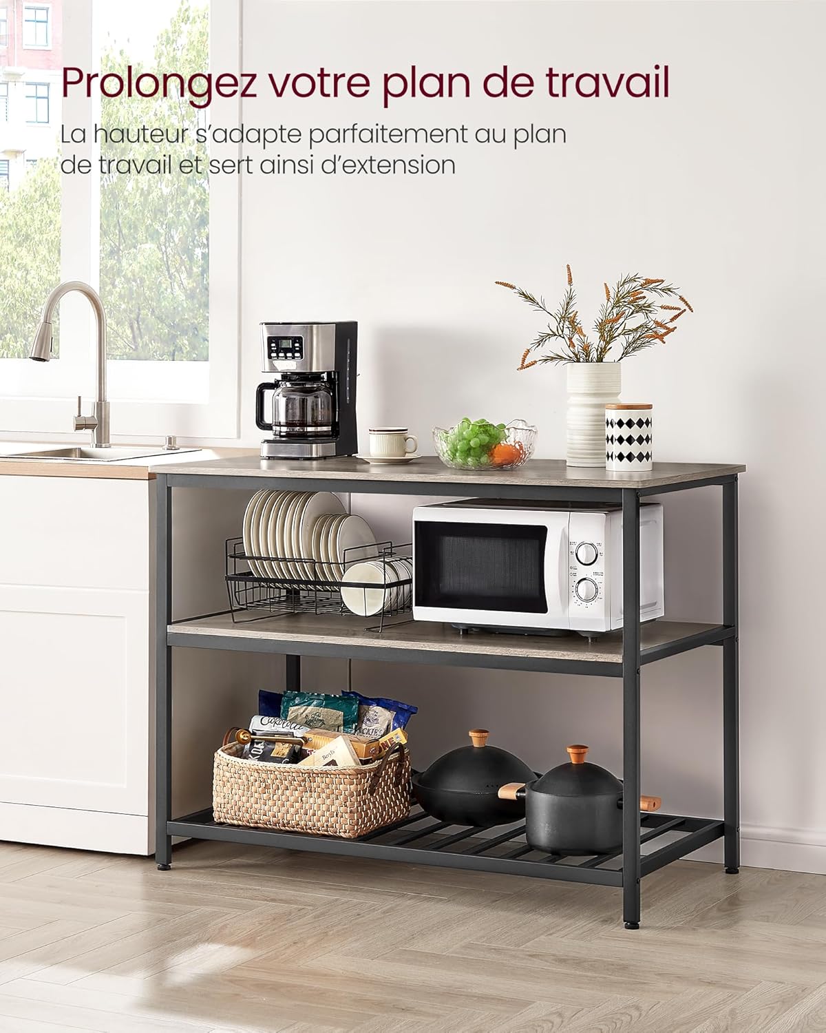 VASAGLE - îlot de cuisine industriel, 60x120x90 cm, 3 étages, KKI001B02