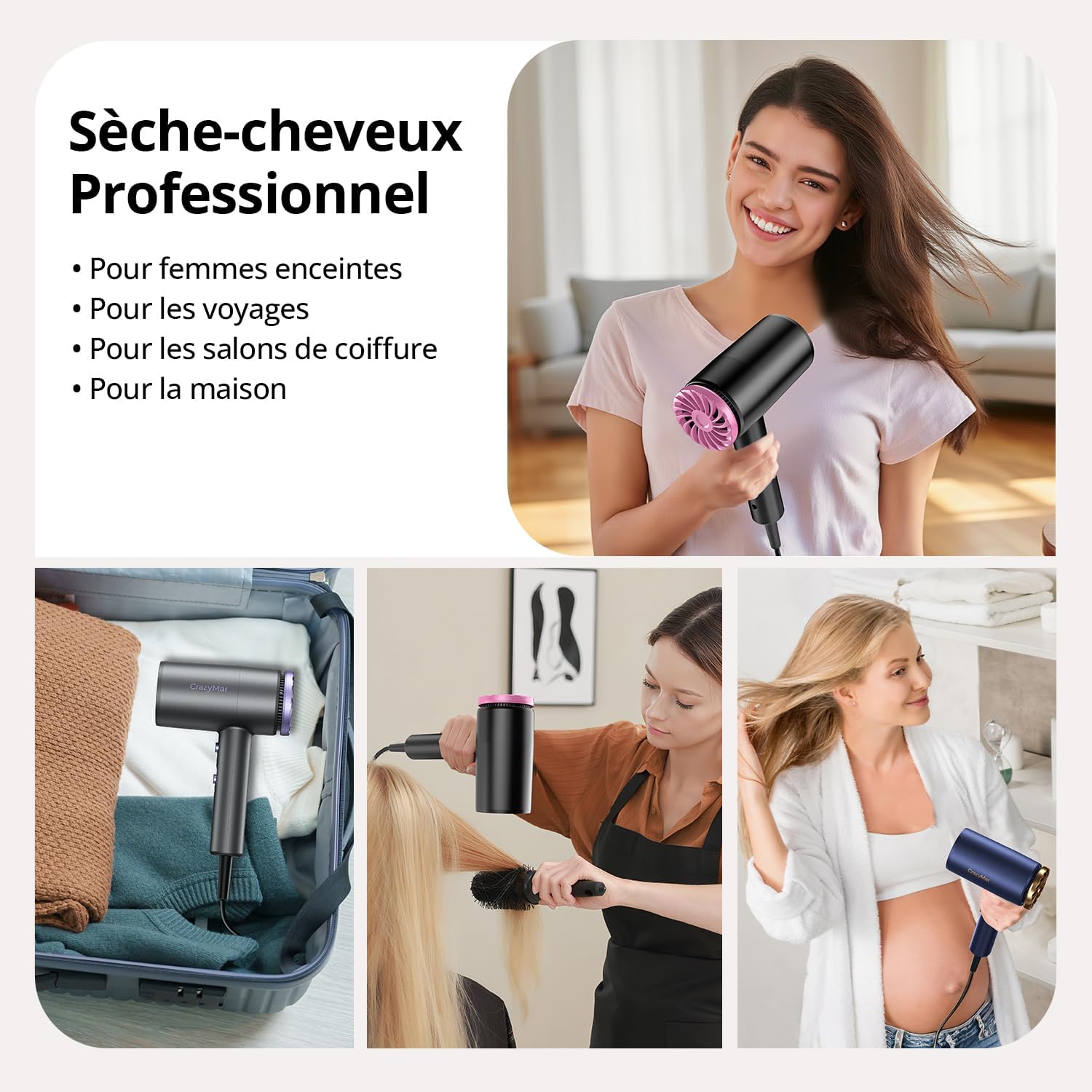 Sèche-cheveux professionnel - compact, léger, 3 vitesses, 350M ions