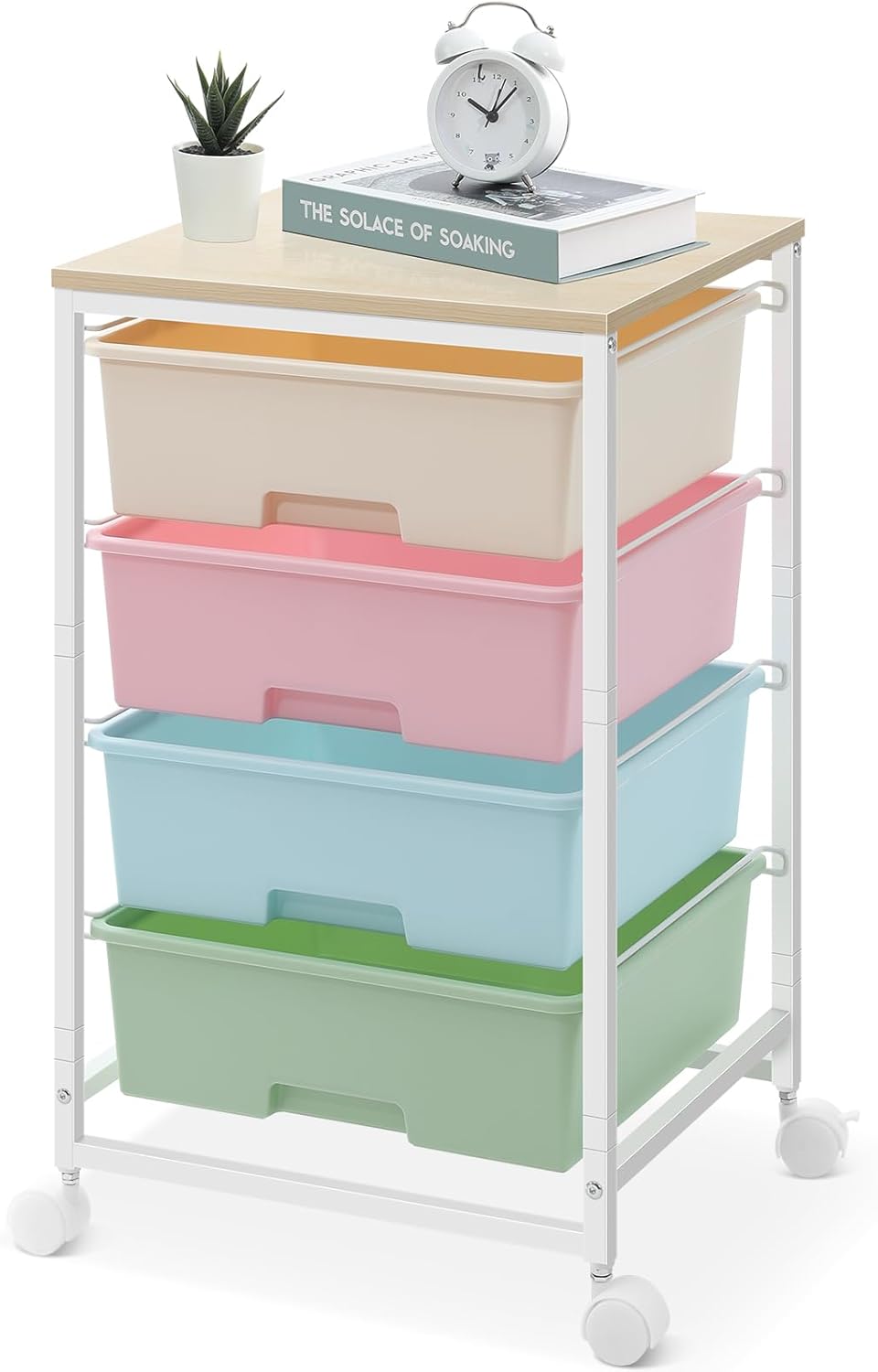 Chariot de rangement - 4 tiroirs, roulettes, plateau bois, grande capacité, multicolore - idéal cuisine/salon/chambre