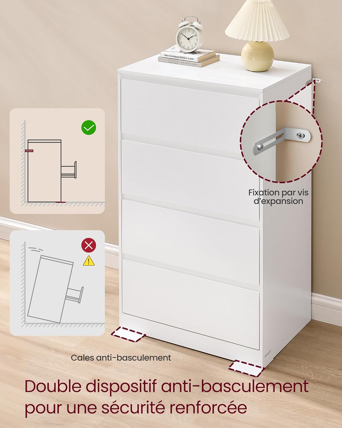 VASAGLE - Kailyn Collection - 40x60x97,4 cm - commode 4 tiroirs, blanc, style moderne LTS614WE02