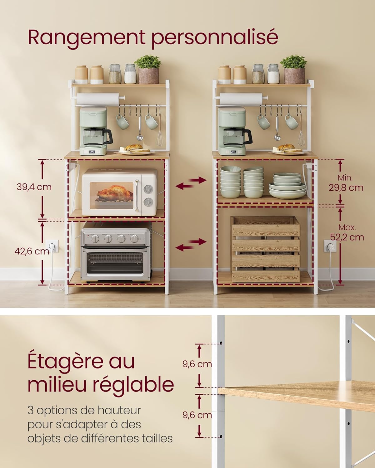 VASAGLE - étagère cuisine bar café 40x60x140cm 4 niveaux multiprise KKS014Y02