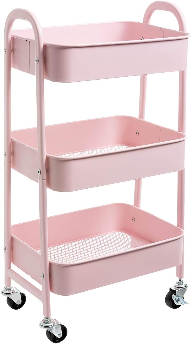 DOEWORKS - chariot 3 niveaux métal, roulettes, rose, rangement compact