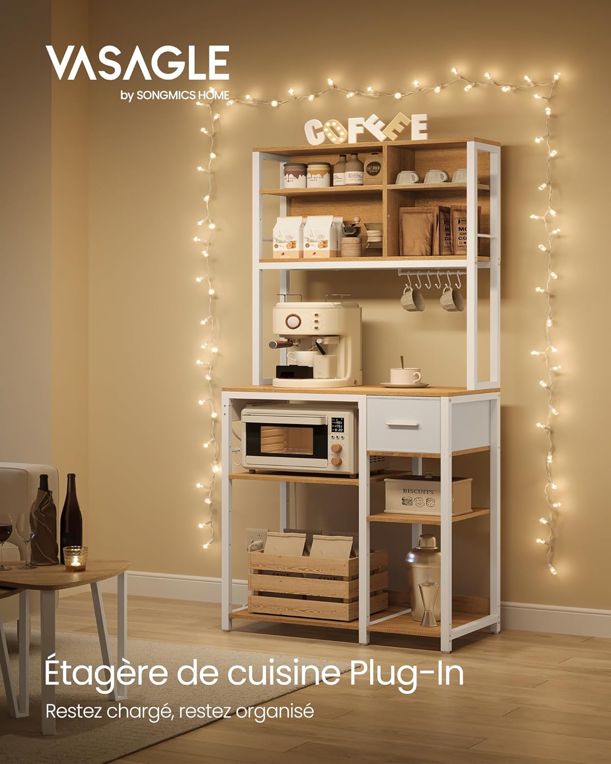 VASAGLE - étagère cuisine/bar café - 40x80x180 cm - multiprise, tiroir tissu, 12 crochets, étagères réglables KKS015Y02
