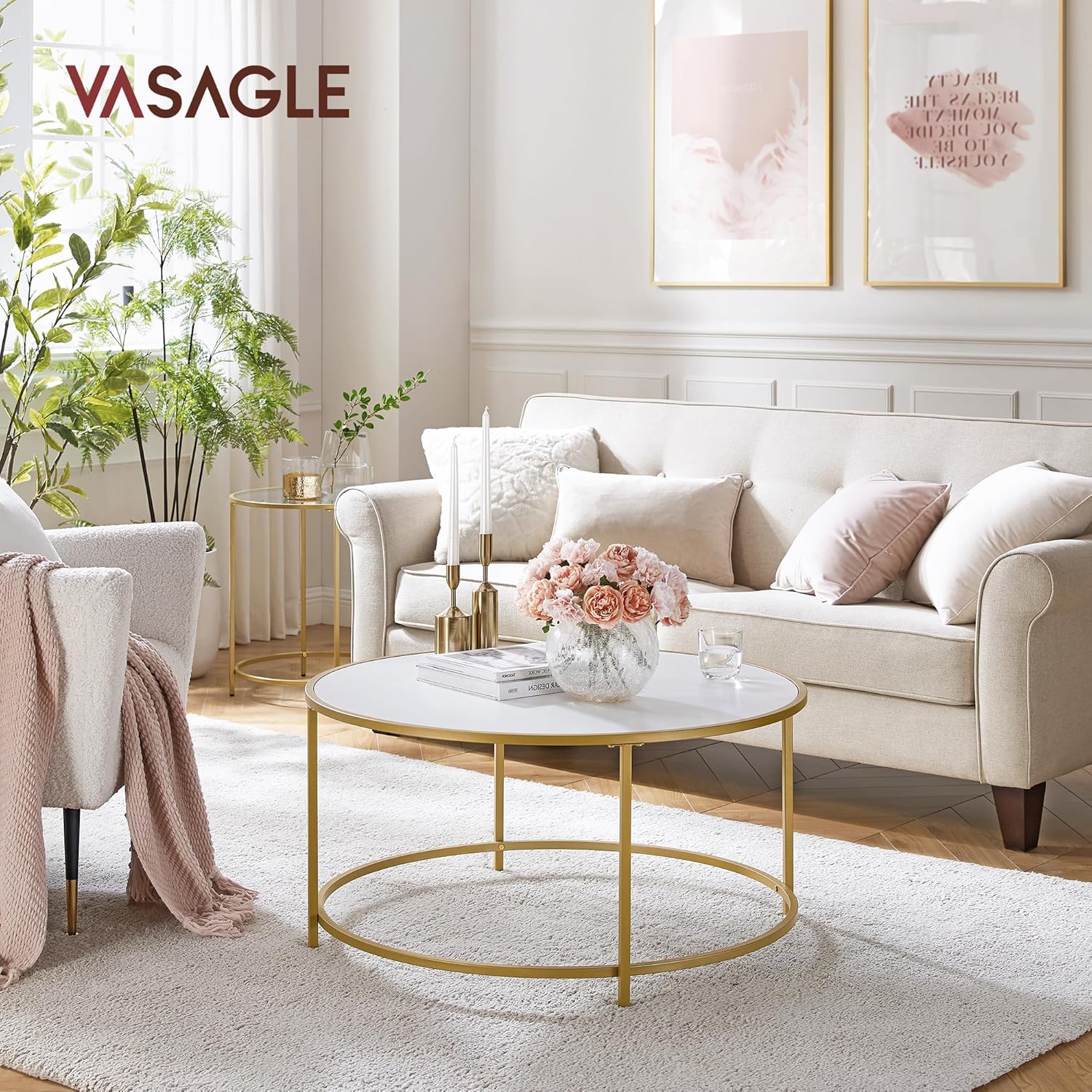 VASAGLE - Table basse ronde verre et acier, doré blanc, LCT091A10