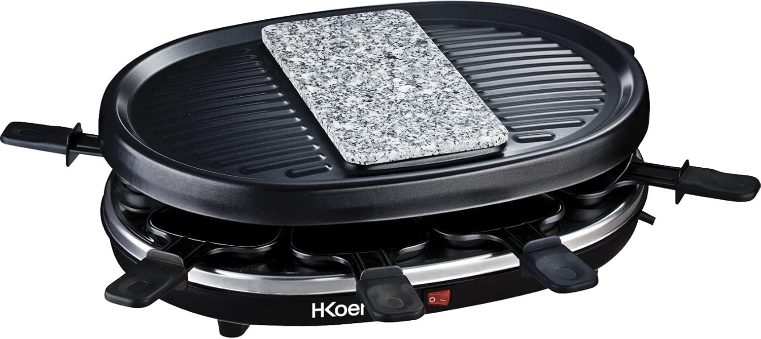 H.Koenig - raclette RP80 - 8 personnes - pierre granit, 8 poêlons antiadhésifs, plaque amovible