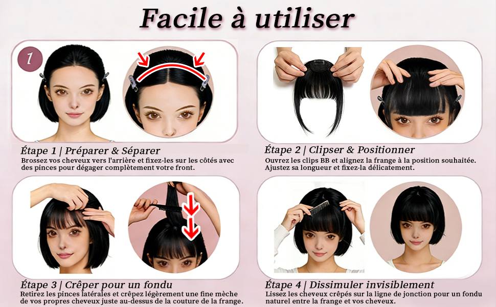Le texte indique « Facile à utiliser ». Schémas d'instructions étape par étape montrant les instructions d'utilisation du produit avec des illustrations circulaires.