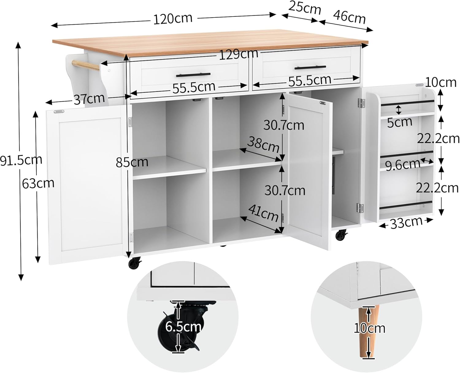 Desserte îlot de cuisine - blanc, 129x71x91,5cm - plans rabattables, 2 tiroirs, 3 portes
