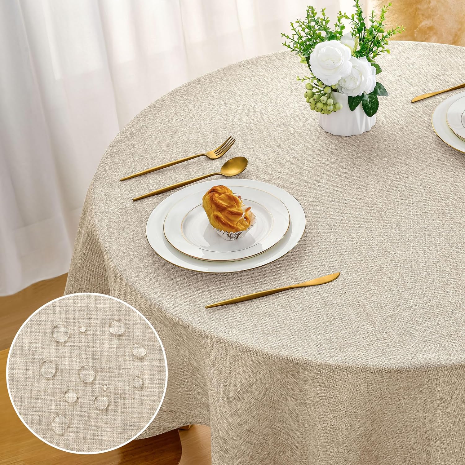 DWCN - nappe ronde lin effet - 140 cm - lavable, imperméable, beige