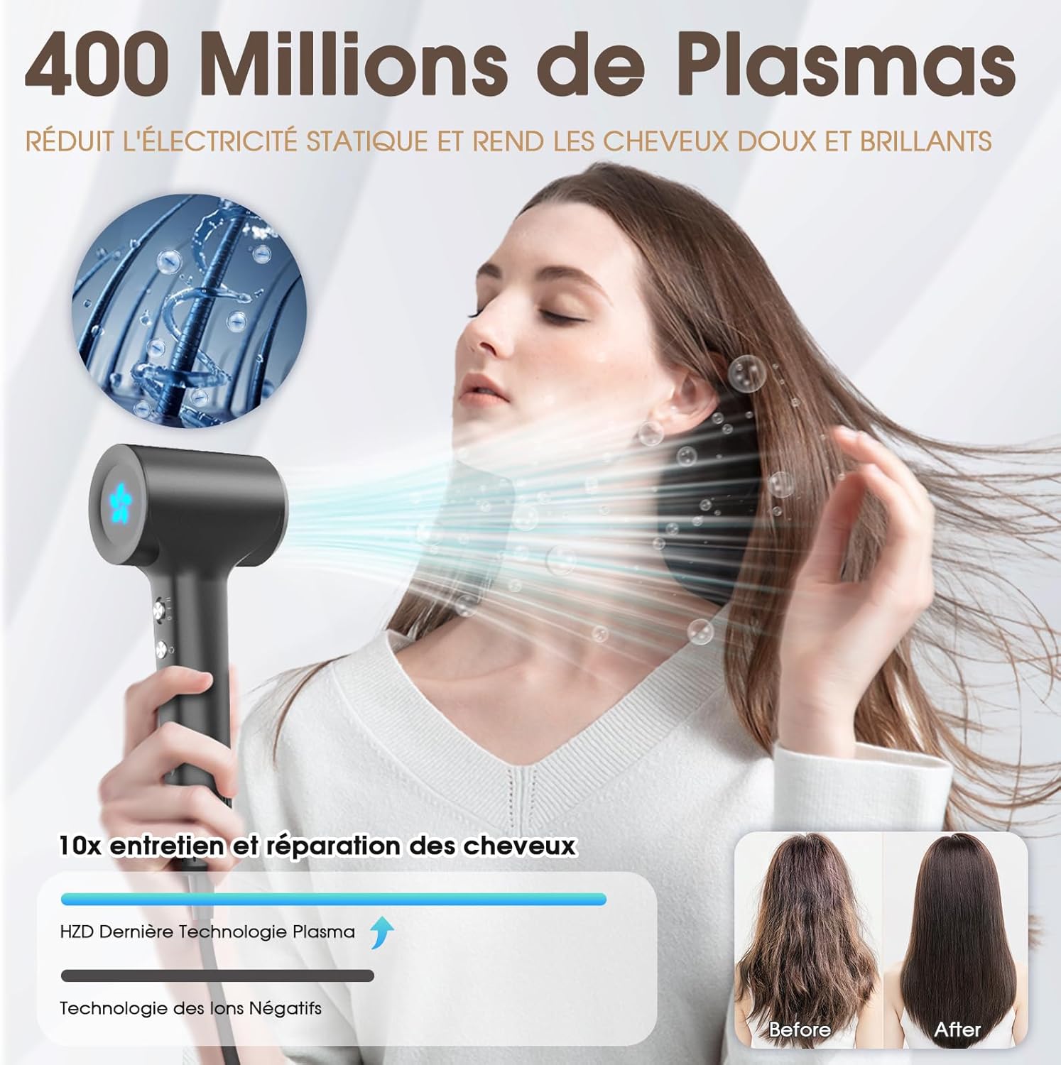Sèche-cheveux ionique - moteur 110 000 tr/min - 57 dB, diffuseur - séchage rapide, 400M ions plasma