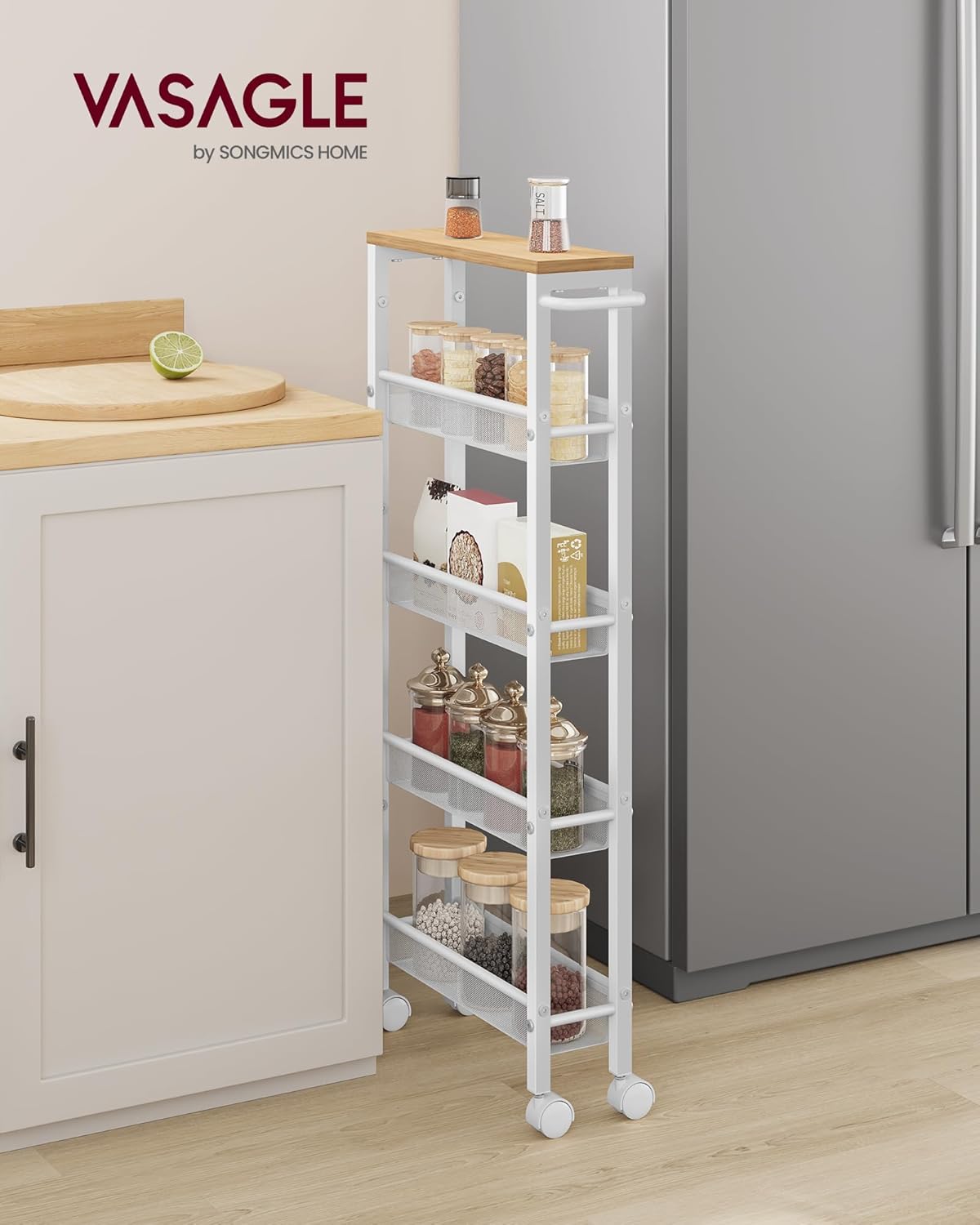 VASAGLE - desserte cuisine 5 niveaux, 13x45,4x99,6 cm, roulettes, LRC034W09